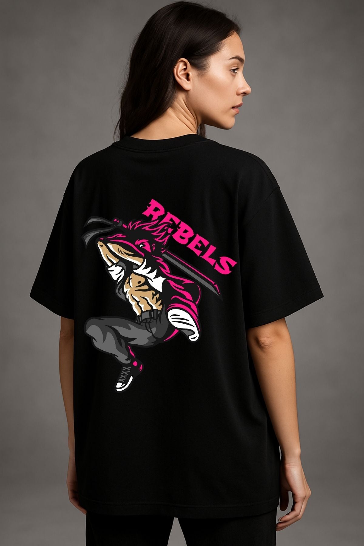 Rebel Anime with sword back  front Printed Oversize T-Shirt