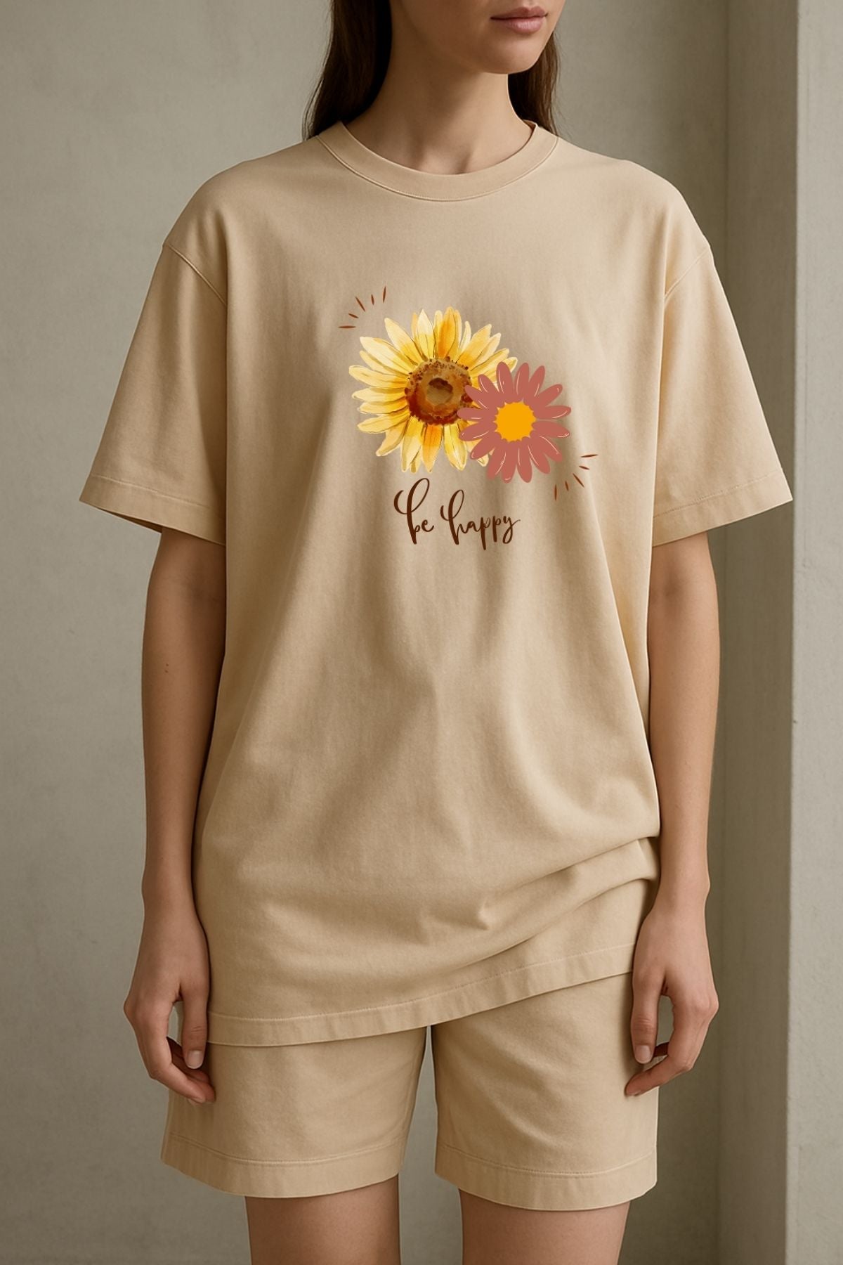 Happy Sunflower Printed Oversize T-Shirt