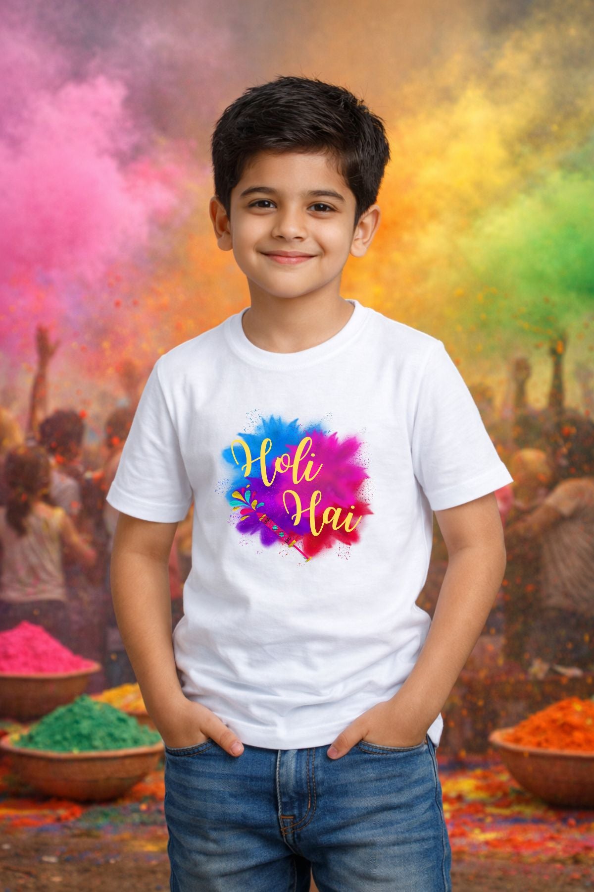 Multi Splash Holi Hai YW Text Printed Unisex Holi T-Shirt with Custom Name on back
