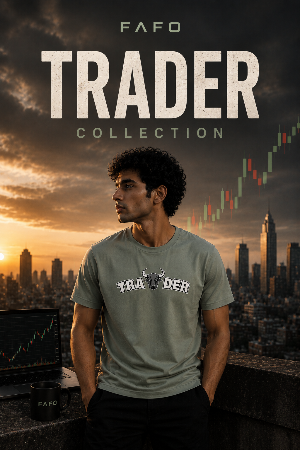 Trader wearing premium oversized stock market t-shirt from FAFO Trader Collection