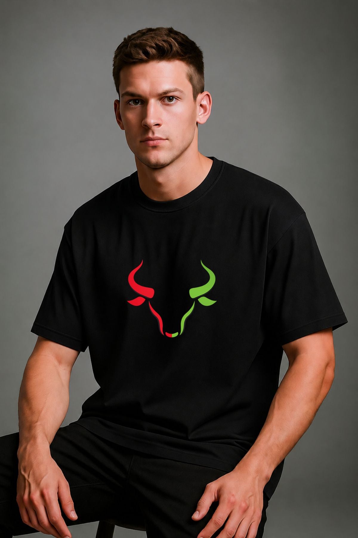Dual Bull Trader Oversize Printed Trading T-Shirt