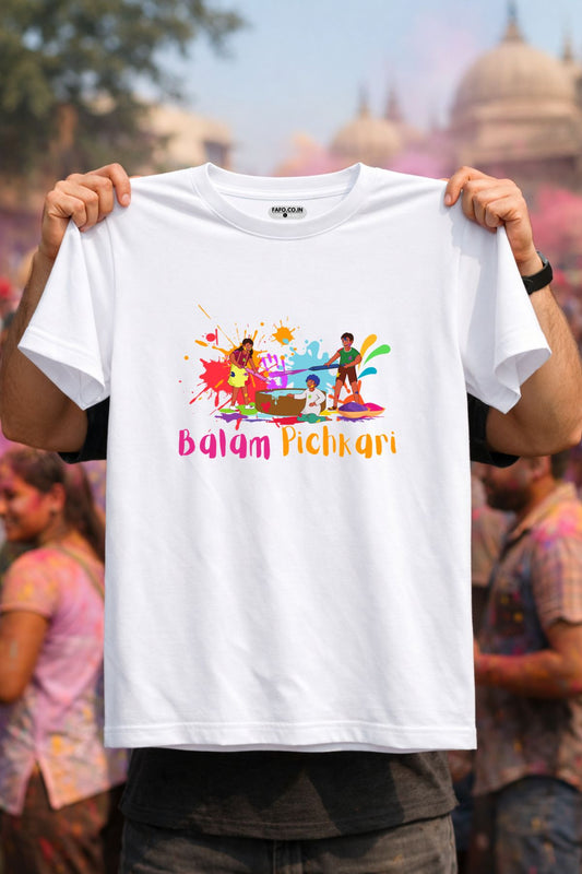 Balam Pichkari Printed Unisex Holi T-Shirt with Custom Name on back