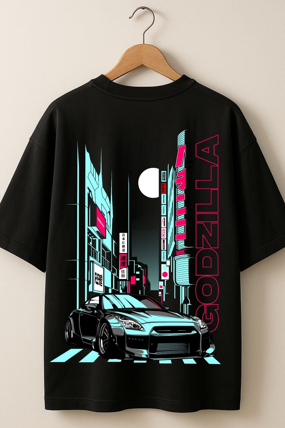 Godzilla Car back  front Printed Oversize T-Shirt