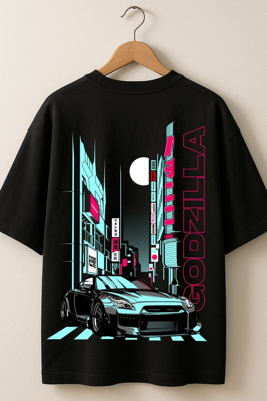 Godzilla Car back  front Printed Oversize T-Shirt