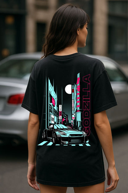 Godzilla Car back  front Printed Oversize T-Shirt