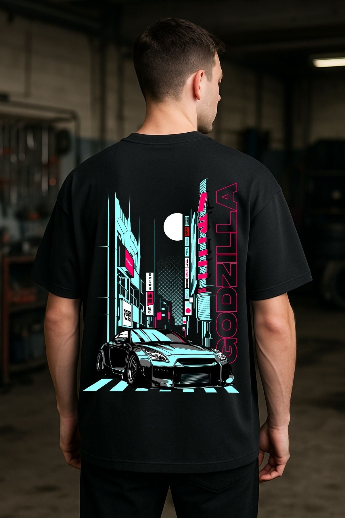 Godzilla Car back  front Printed Oversize T-Shirt