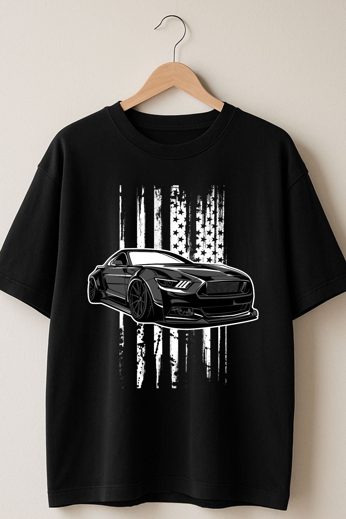 Black Mustang Car front Printed Oversize T-Shirt
