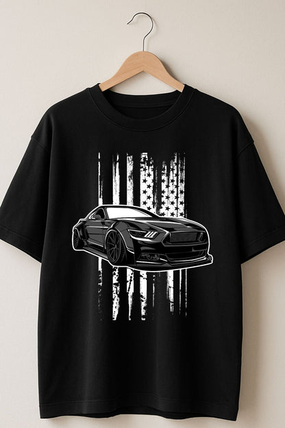 Black Mustang Car front Printed Oversize T-Shirt