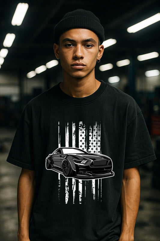 Black Mustang Car front Printed Oversize T-Shirt