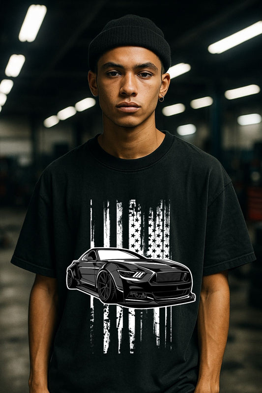 Black Mustang Car front Printed Oversize T-Shirt