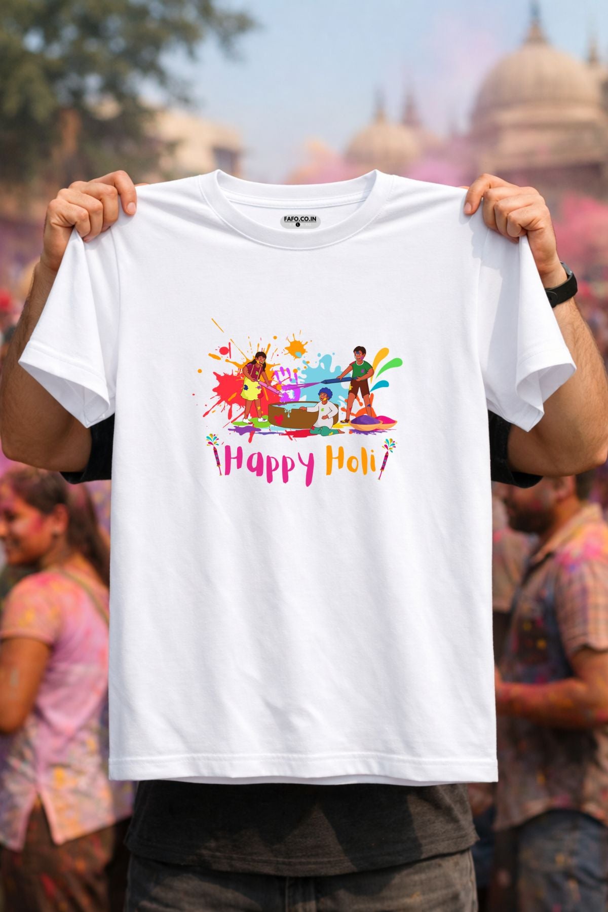 Happy Holi Pichkari Printed Unisex Holi T-Shirt with Custom Name on back