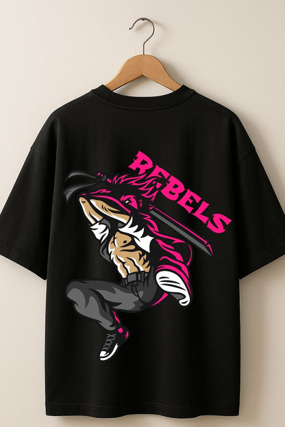 Rebel Anime with sword back  front Printed Oversize T-Shirt