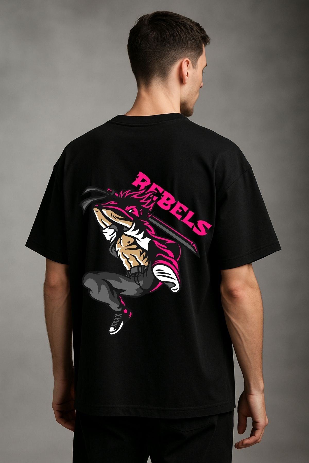 Rebel Anime with sword back  front Printed Oversize T-Shirt