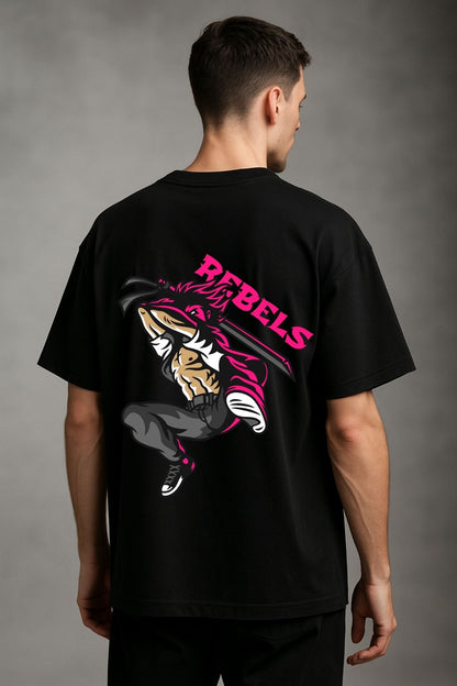Rebel Anime with sword back  front Printed Oversize T-Shirt