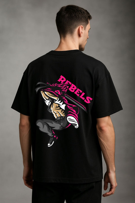 Rebel Anime with sword back  front Printed Oversize T-Shirt