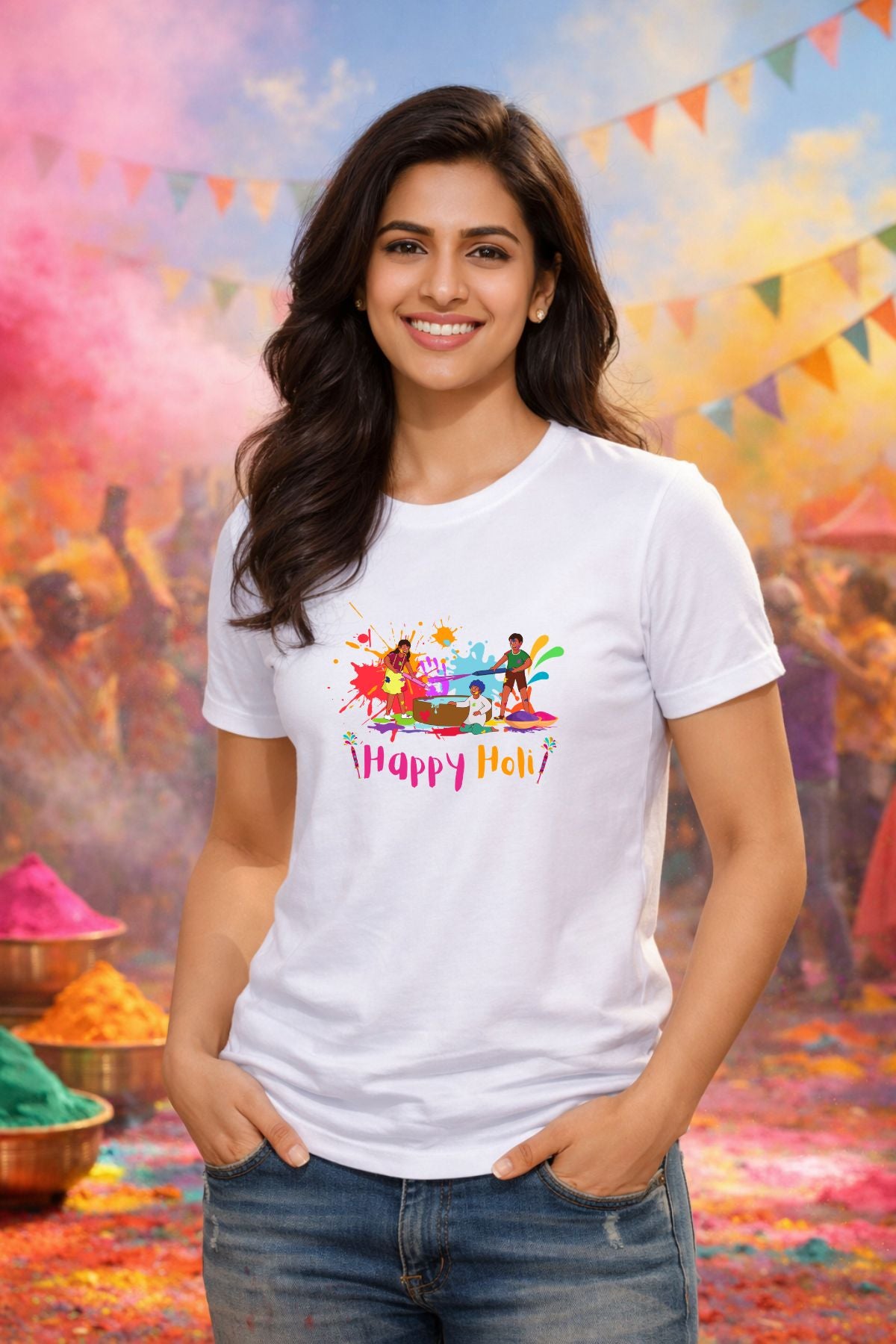 Happy Holi Pichkari Printed Unisex Holi T-Shirt with Custom Name on back