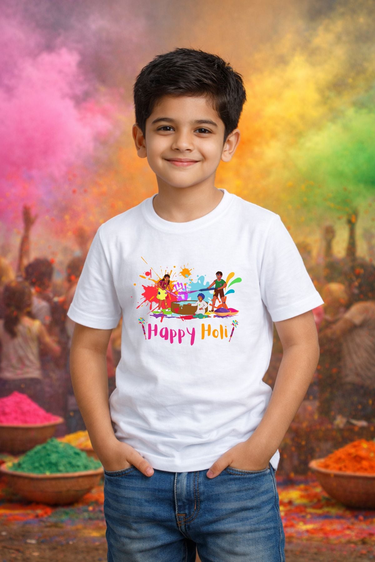 Happy Holi Pichkari Printed Unisex Holi T-Shirt with Custom Name on back