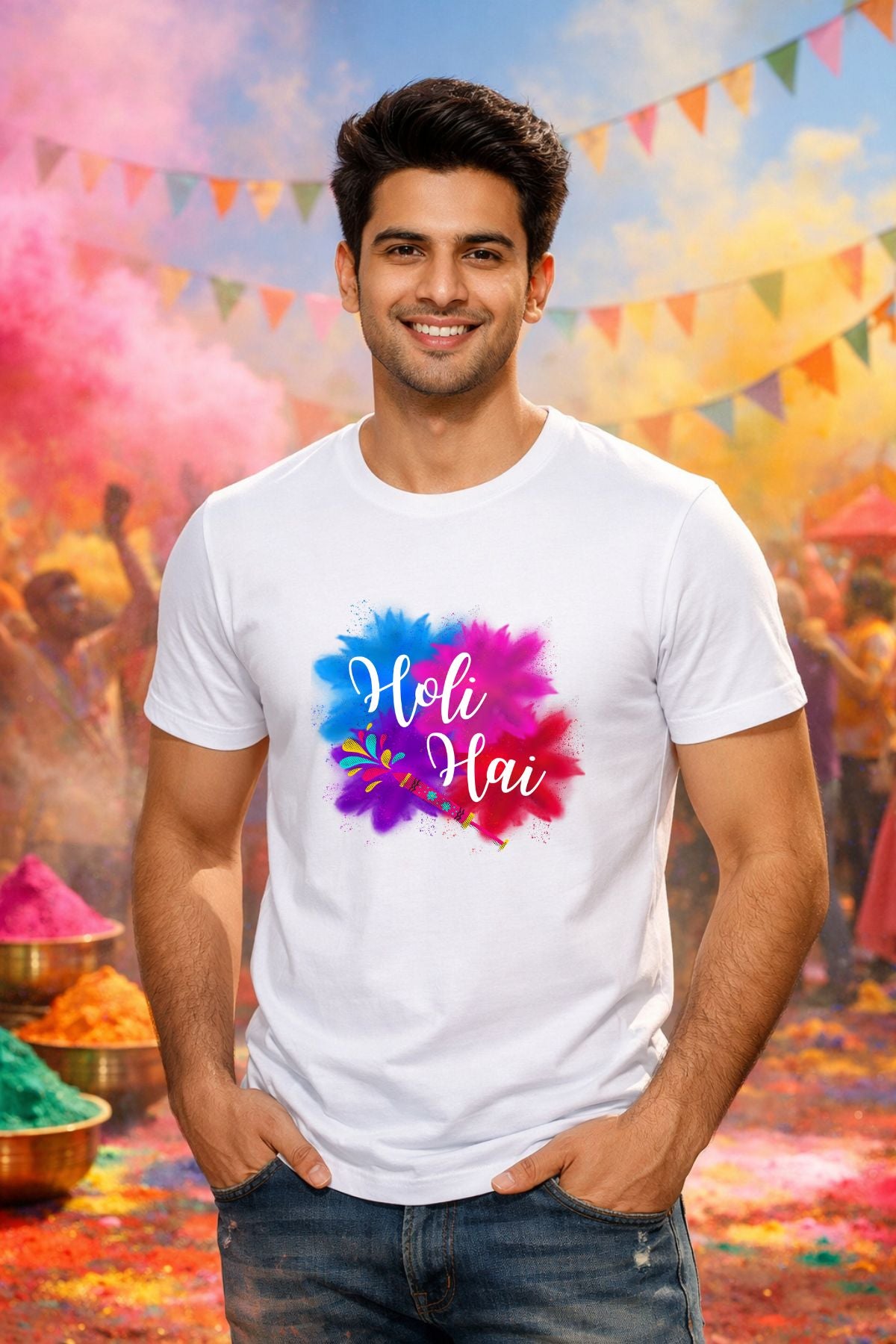 Holi Hai Printed Unisex Holi T-Shirt with Custom Name on back