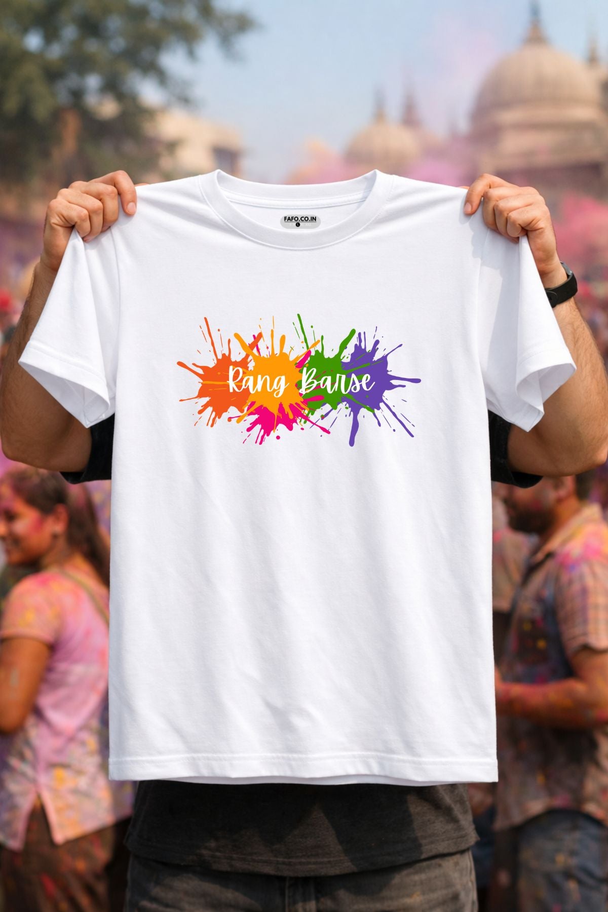 Multi Splash Rang Barse Printed Unisex Holi T-Shirt with Custom Name on back