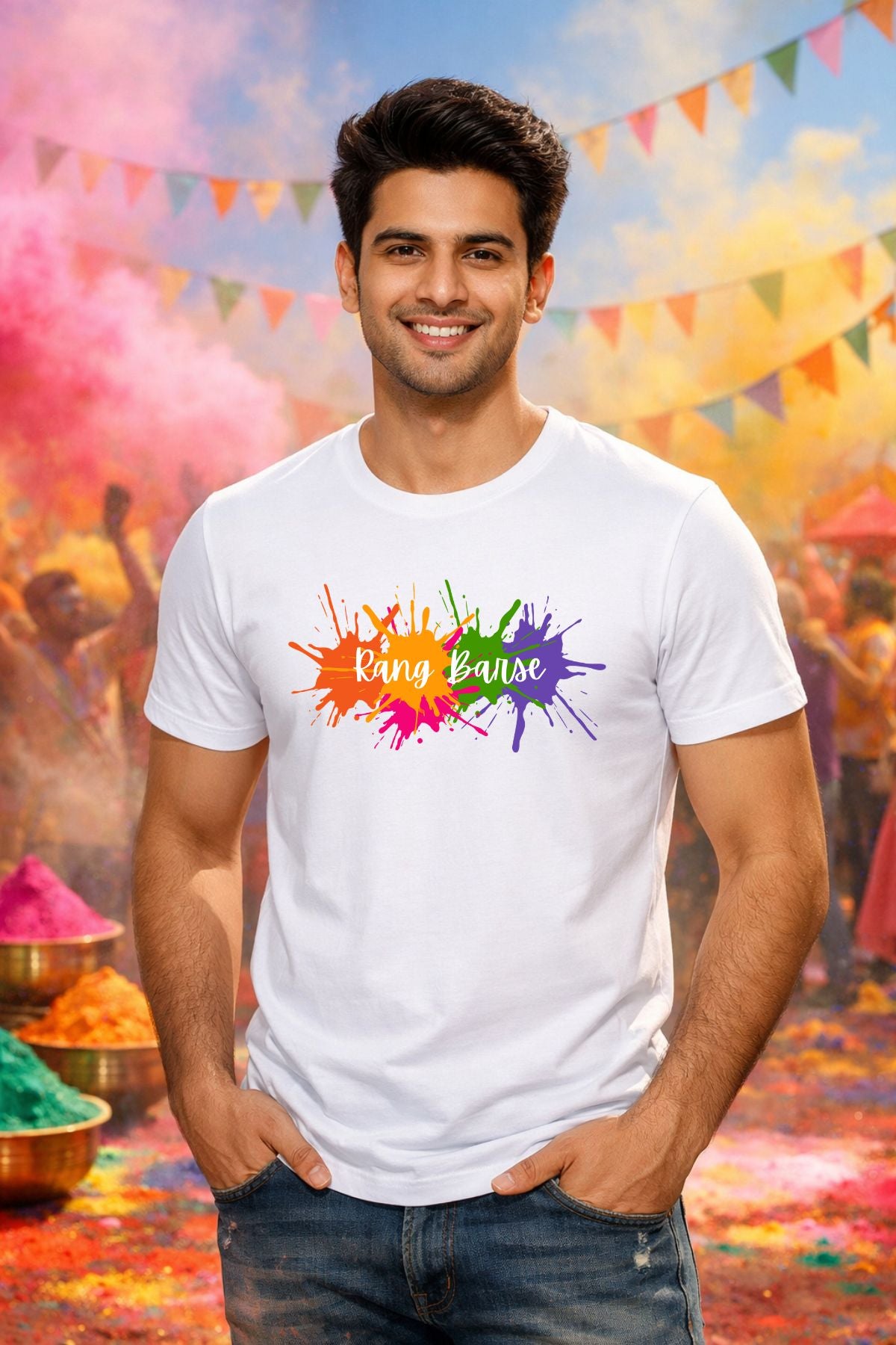 Multi Splash Rang Barse Printed Unisex Holi T-Shirt with Custom Name on back