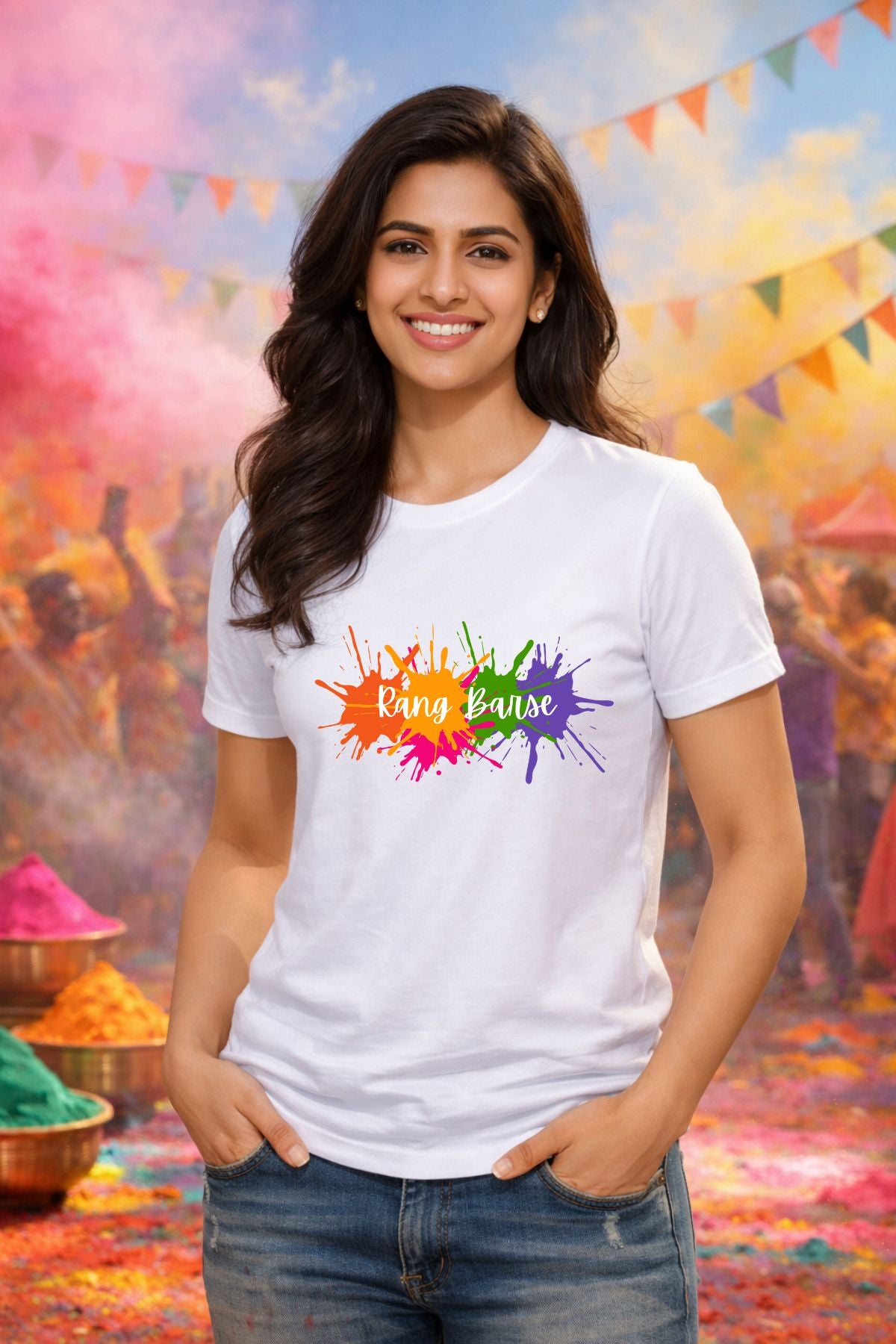 Multi Splash Rang Barse Printed Unisex Holi T-Shirt with Custom Name on back