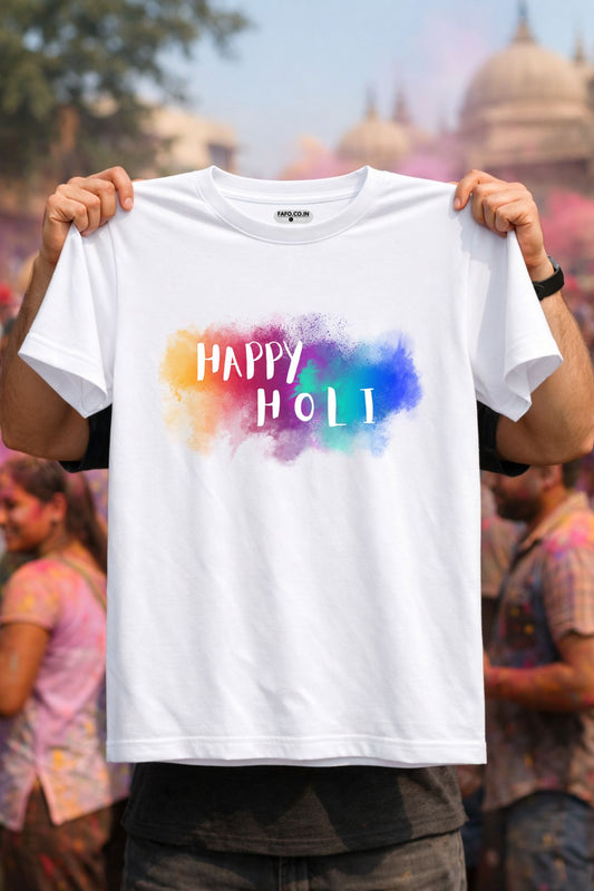 Multi Splash Happy Holi Printed Unisex Holi T-Shirt with Custom Name on back