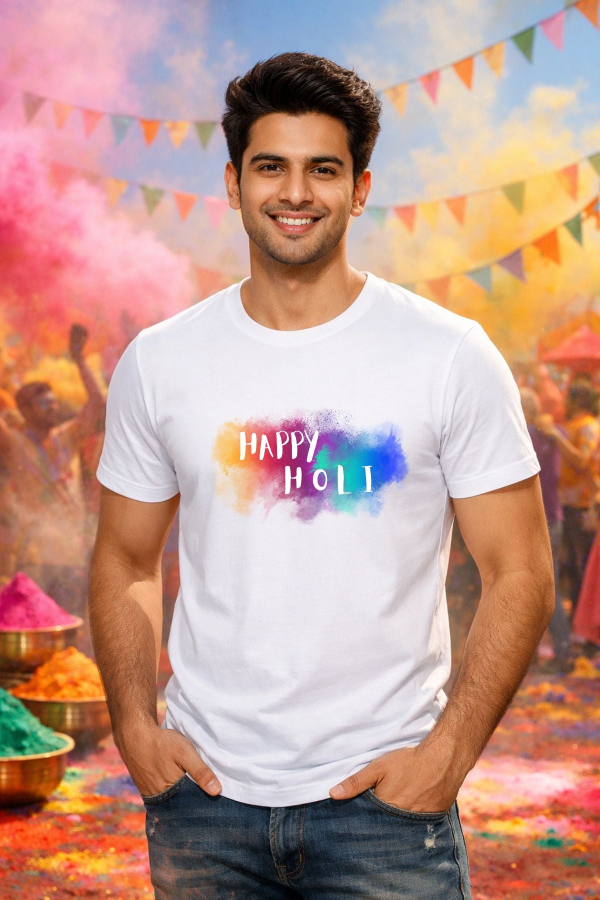 Multi Splash Happy Holi Printed Unisex Holi T-Shirt with Custom Name on back