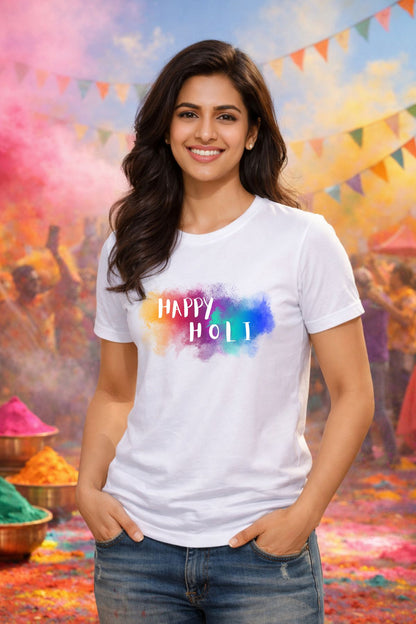 Multi Splash Happy Holi Printed Unisex Holi T-Shirt with Custom Name on back