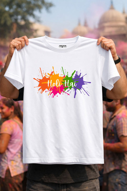 Multi Splash Holi Hai Printed Unisex Holi T-Shirt with Custom Name on back