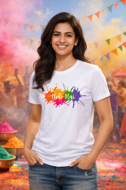 Multi Splash Holi Hai Printed Unisex Holi T-Shirt with Custom Name on back