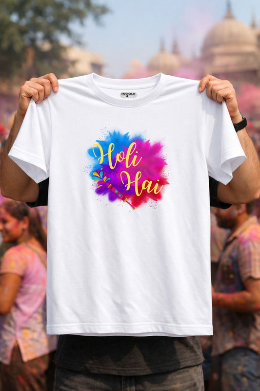 Multi Splash Holi Hai YW Text Printed Unisex Holi T-Shirt with Custom Name on back