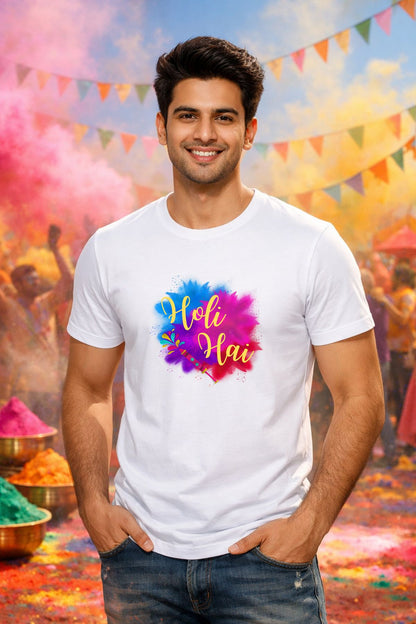 Multi Splash Holi Hai YW Text Printed Unisex Holi T-Shirt with Custom Name on back