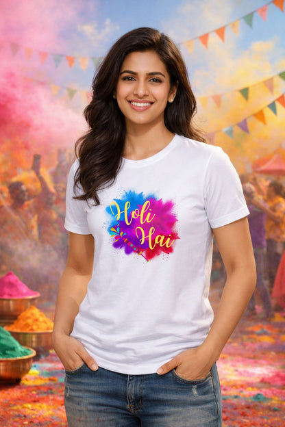Multi Splash Holi Hai YW Text Printed Unisex Holi T-Shirt with Custom Name on back