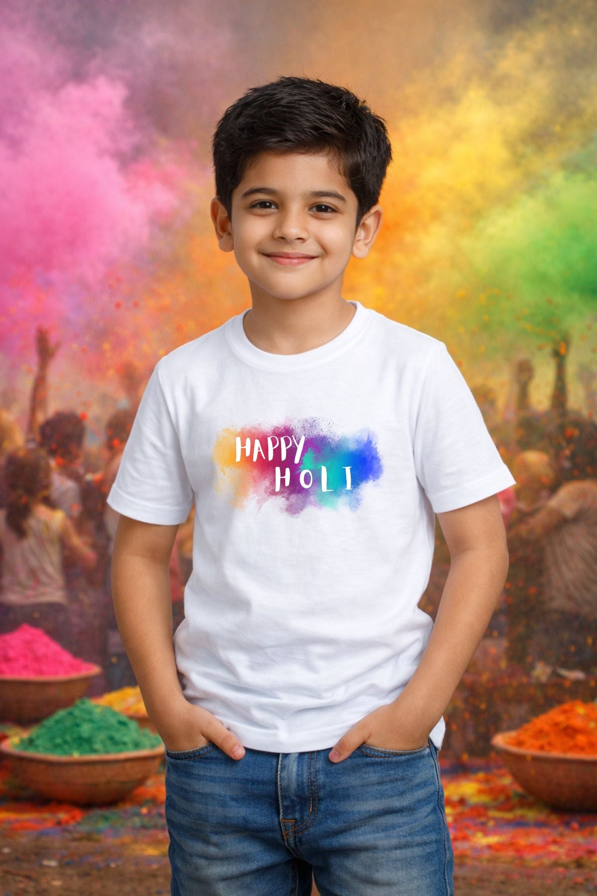 Multi Splash Happy Holi Printed Unisex Holi T-Shirt with Custom Name on back
