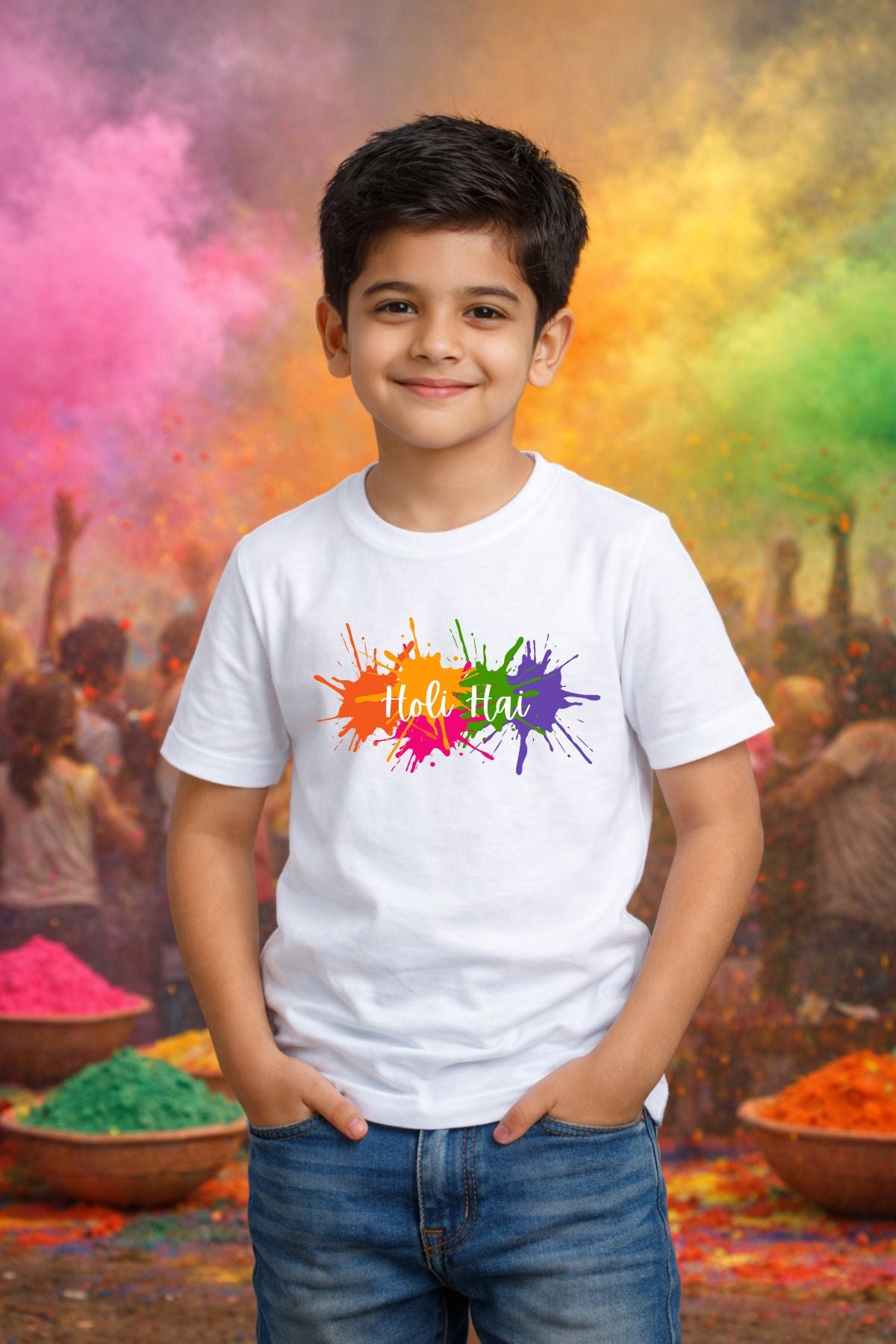 Multi Splash Holi Hai Printed Unisex Holi T-Shirt with Custom Name on back