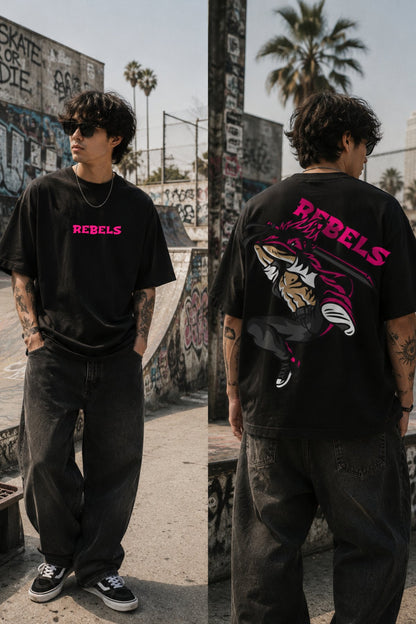 Rebel Anime with sword back  front Printed Oversize T-Shirt