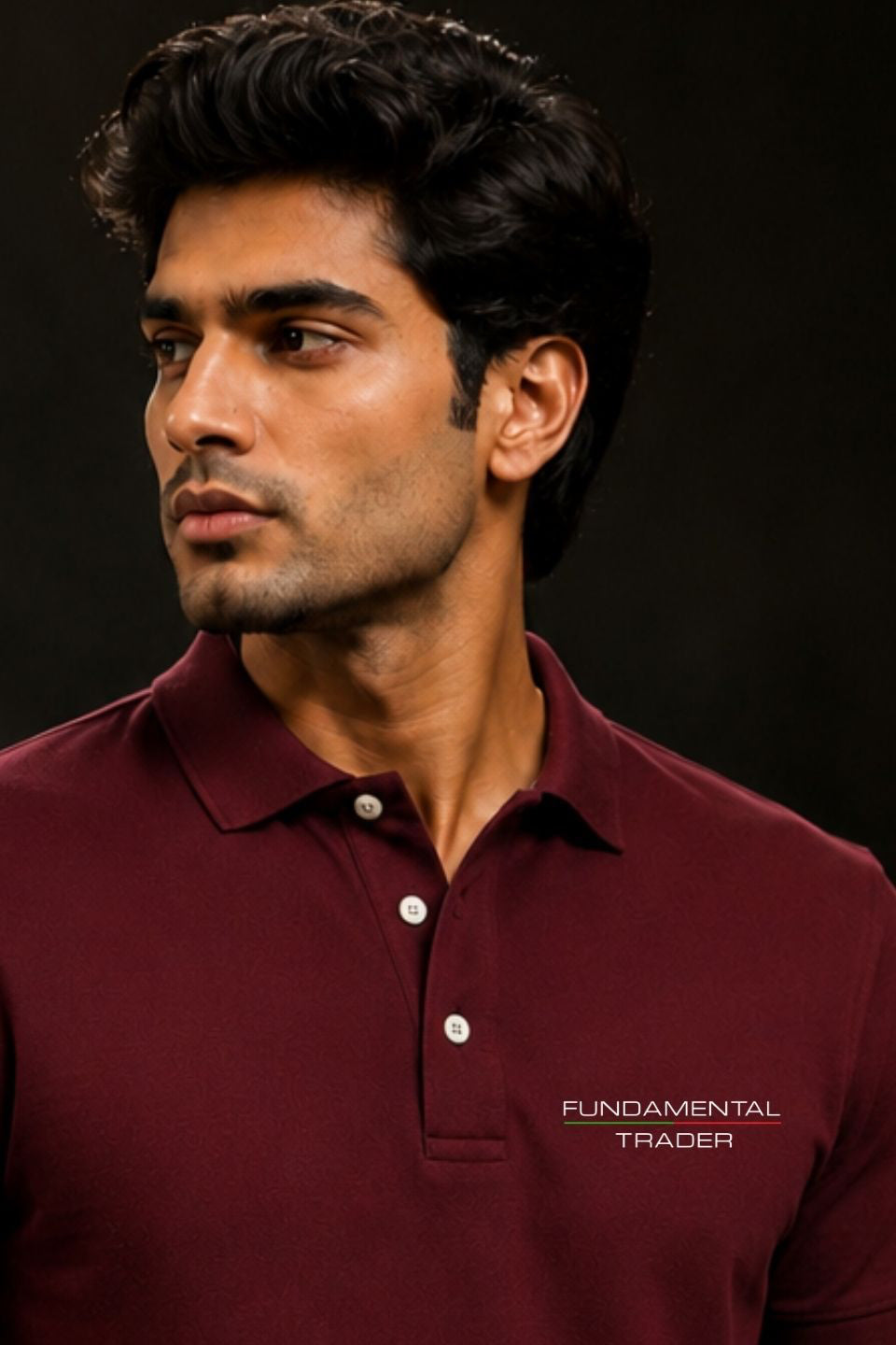 Man wearing a maroon polo shirt with 'Fundamental Trader' logo on a black background