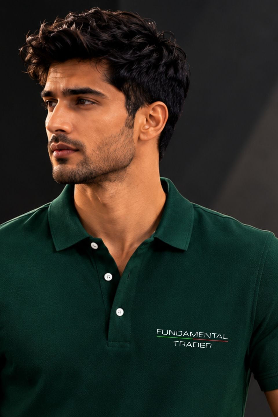 Man wearing a green polo shirt with 'Fundamental Trader' logo on a dark background