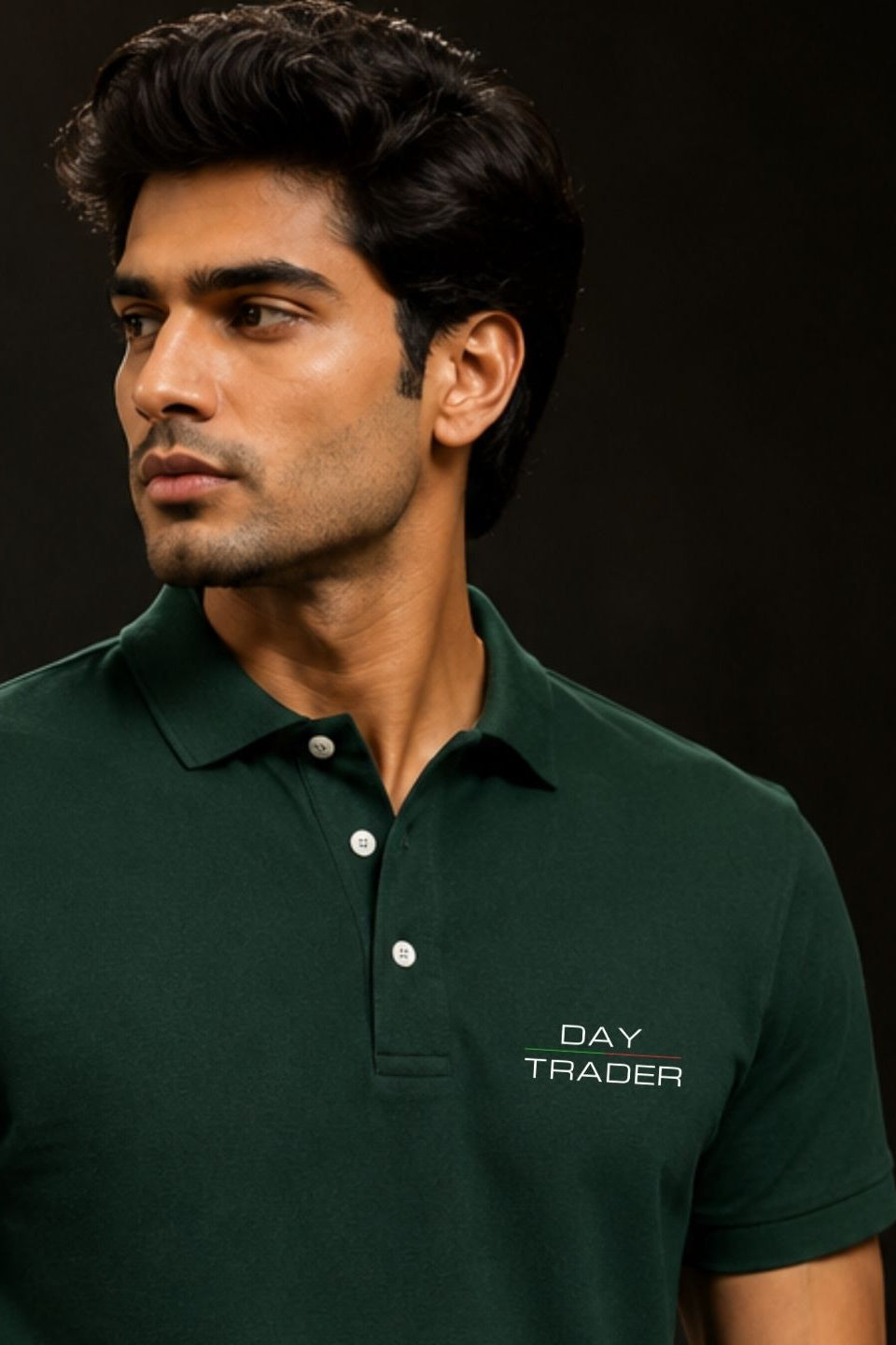 Man wearing a dark green polo shirt with 'DAY TRADER' text on a black background