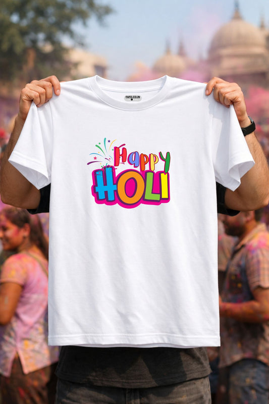 Happy Holi Printed Unisex Holi T-Shirt with Custom Name on back