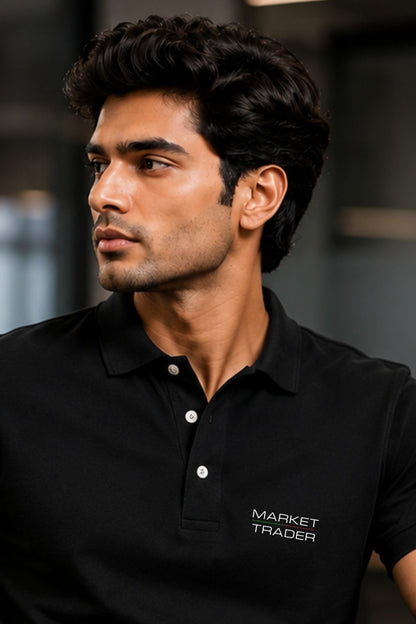 Man wearing a black polo shirt with 'Market Trader' logo