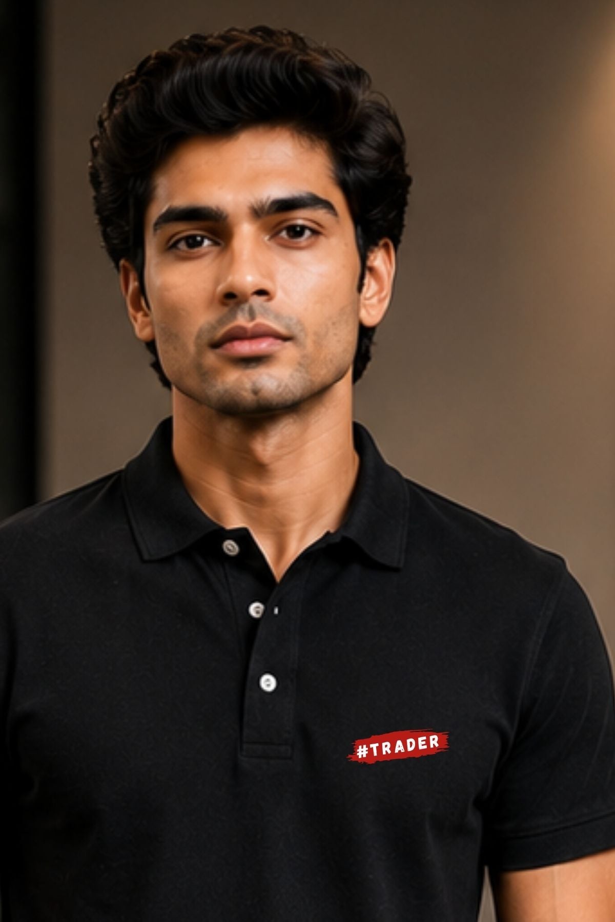 Man wearing a black polo shirt with a visible brand logo against a neutral background