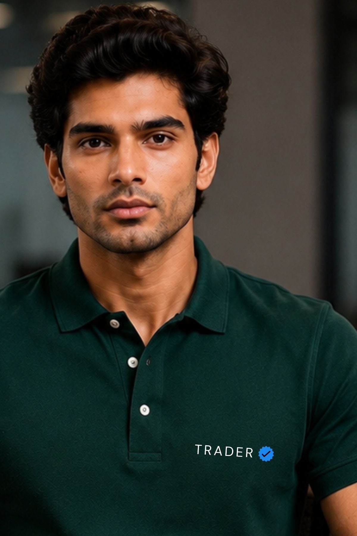 Man wearing a green polo shirt with 'TRADER' logo on a blurred background