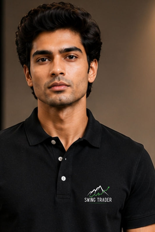 Man wearing a black polo shirt with a logo on a brown background
