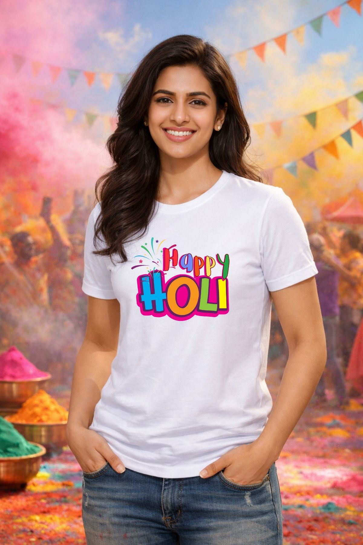 Happy Holi Printed Unisex Holi T-Shirt with Custom Name on back