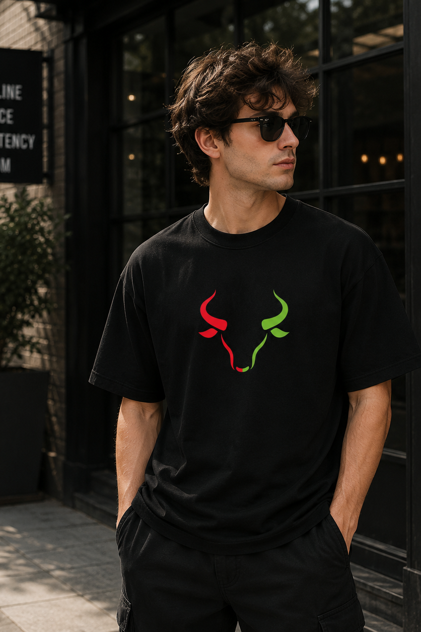 Dual Bull Trader Oversize Printed Trading T-Shirt