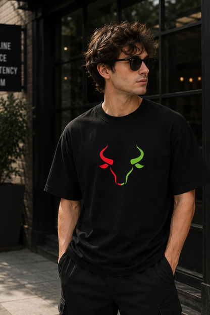 Dual Bull Trader Oversize Printed Trading T-Shirt